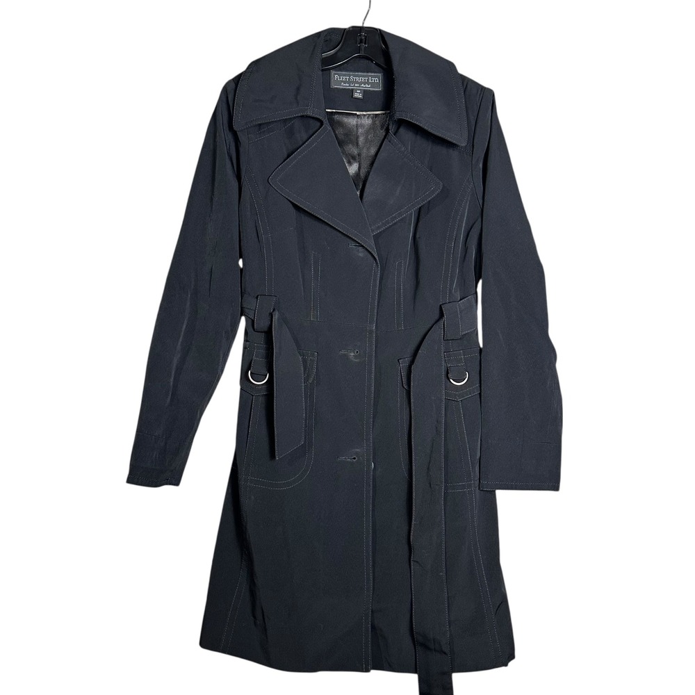 Fleet Street Women's 12P Black Long Trench Coat Belted Chic‎ Workwear Outerwear